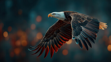 American eagle flying with the flag in fireworks and bokeh lights celebrating Independence Day