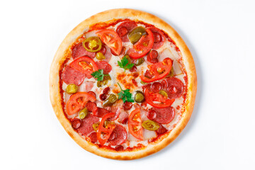 Spicy Pepperoni Pizza with Fresh Tomato Slices, Jalapenos, Parsley and Melted Cheese on White Background