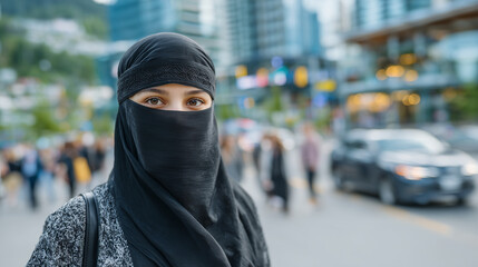 Muslim woman wearing niqab, focused expression, navigating busy urban sidewalk with pedestrians blurred in motion, modern buildings and cars in soft focus