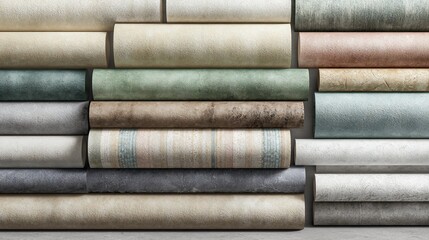 Rolled textured wallpapers in soft, neutral hues stacked in horizontal rows