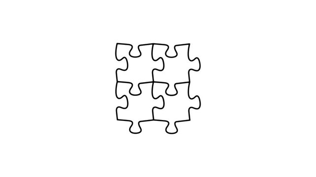 Puzzle, jigsaw, riddle, brainteaser and conundrum, graphic animation. Black linear. Alpha channel. Transparent background motion design. 4K resolution