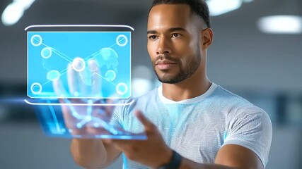 Sports analytics coordinator examining player performance metrics through augmented reality visualization with biomechanical data and game statistics projected over professional - Powered by Adobe