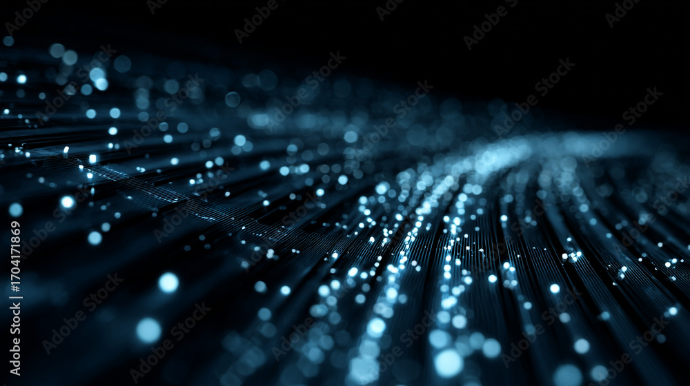 Poster abstract glowing blue lines with bokeh effect on a dark background creating a futuristic feel