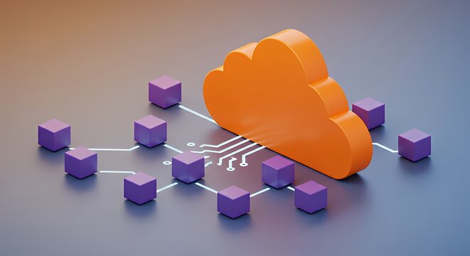 Orange Cloud Computing Icon with Purple Network Nodes on Gray Background