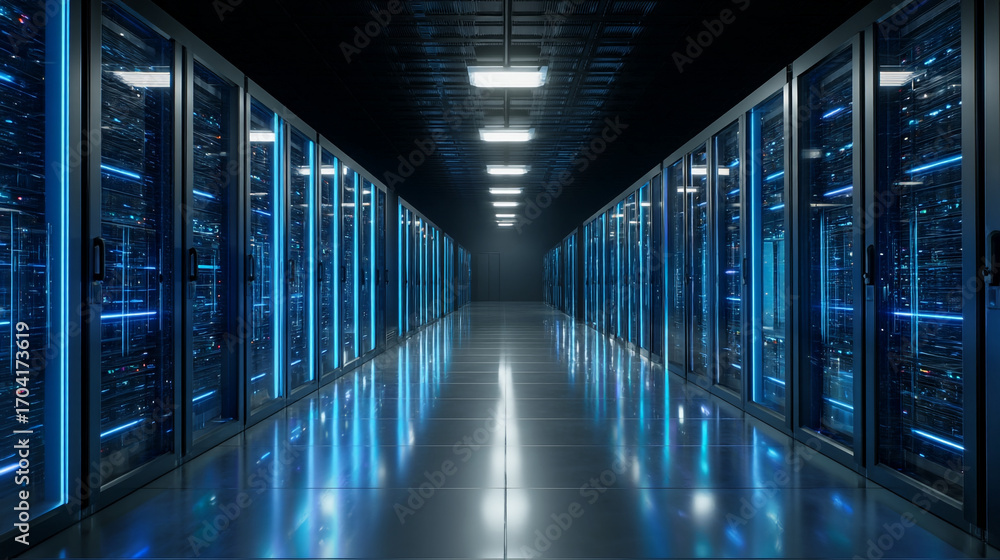 Aufkleber a long corridor filled with server racks illuminated with blue lights in a data center environment