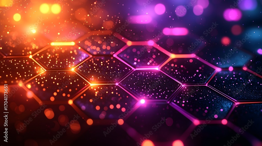 Poster futuristic abstract geometric background with glowing neon hexagons vibrant particles and bokeh ligh