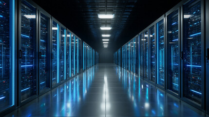 Fototapeta premium A long corridor filled with server racks illuminated with blue lights in a data center environment