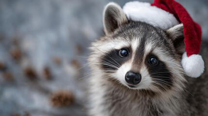 Obraz premium Adorable raccoon wearing Santa hat, looking slightly sideways with playful gaze, muted neutral background emphasizing warm seasonal theme