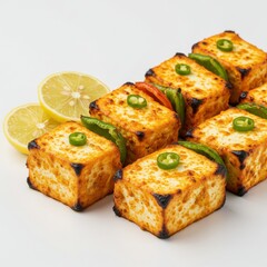 Paneer tikka isolated on white background, served with lemon, for menu and recipe