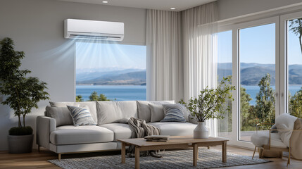 Modern wall-mounted air conditioning unit in a sunlit living room, cool air flowing gently across sleek furniture, emphasizing comfort and energy efficiency