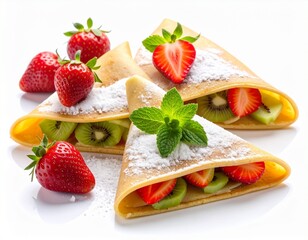 Sweet crepes filled with fresh strawberry and kiwi dusted with powdered sugar and garnished with mint on a white background.