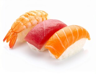 Assorted fresh nigiri sushi with salmon tuna and shrimp isolated on a white background.