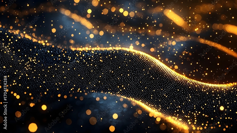 Poster an abstract glowing golden wave of light particles gracefully flows across a dark soft and blurred b