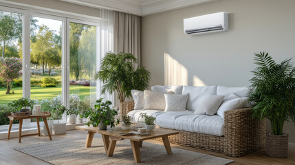 Fototapeta premium Modern AC unit installed on wall in bright living room, natural light illuminating furniture and decor, cool air creating a comfortable, inviting space