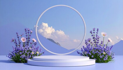 Floral arrangement and podium against a sky backdrop with clouds and mountains