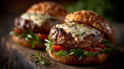 Multi-layered juicy burger with fresh greens, sliced tomatoes, melted cheese, and thick patties, rustic table surface adding warm and inviting atmosphere