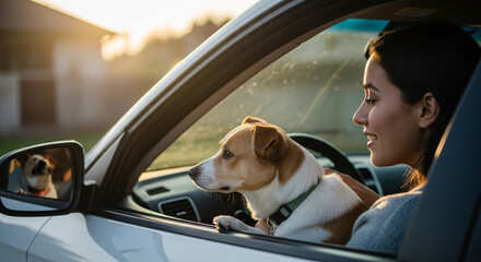 Smiling Woman and Her Dog with Paw on Window Sill, Enjoying Golden Sunset Light During a Scenic Car Ride