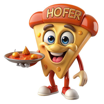 3d hofer pizza character mascot holding appetizers appetizer tray delicious food transparent background