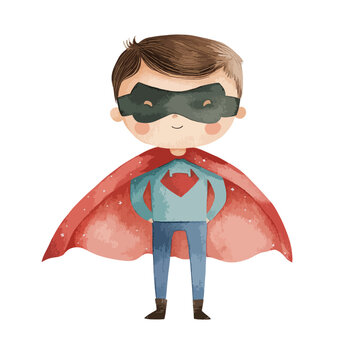 Cheerful Superhero Boy with Red Cape and Mask Ready for Adventure and Action