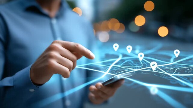 Transportation logistics coordinator analyzing route optimization data through GPS tracking systems with traffic patterns and delivery efficiency metrics displayed in holographic