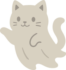 ghost cat with a gentle smile, raised paw, and flowing tail, giving it a playful and friendly look.
