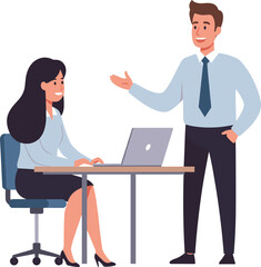 Office teamwork illustration, business people discussing project, professional workplace communication, modern corporate setting, productivity, collaboration, laptop meeting scene