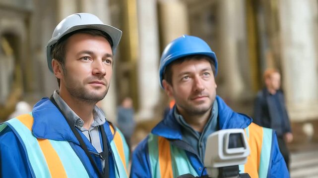 Restoration specialists using laser scanning and photogrammetry technology to document historic buildings creating precise digital archives and conservation plans with advanced