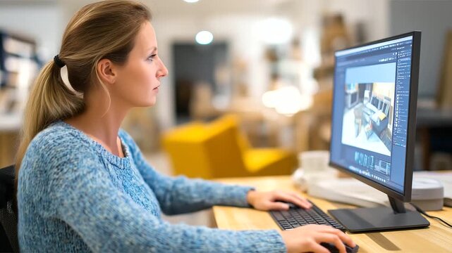 Creative female working using computer software to choose move and manipulate 3D furniture in a cozy home project student making an architecture college assignment for interior