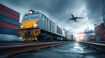 Container cargo freight train exemplifies global business logistics, combining air cargo trucking, rail, and maritime transport