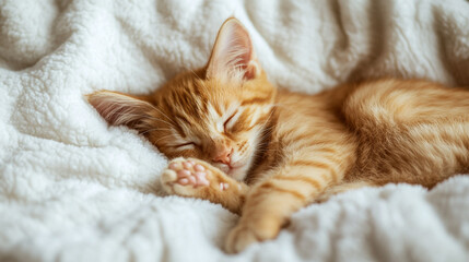 Sleeping Orange Tabby Kitten on Soft Blanket