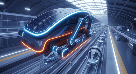 Solar-Powered Robotic Train with Neon Accents in a Futuristic Dual-Track Station