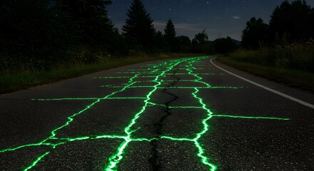 A cracked road glowing with green energy, symbol of renewal.