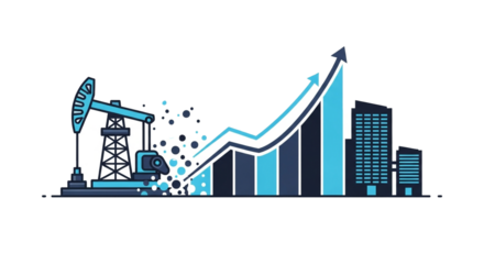 Economic Growth and Market Trends Illustrated with an Oil Rig, Cityscape, and Upward Graph