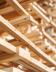 Close-up view of stacked wooden beams