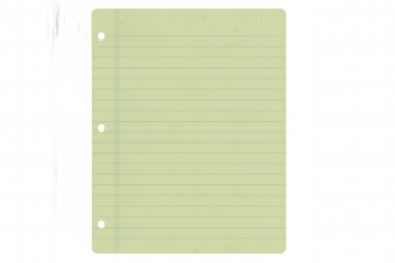 Close-up of a blank yellow sheet of lined paper with holes for a binder, isolated on a transparent background, ready for writing or drawing