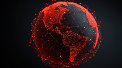 economy trade sustainability concept. 3D globe illustration with a network design in vibrant red against a dark background.