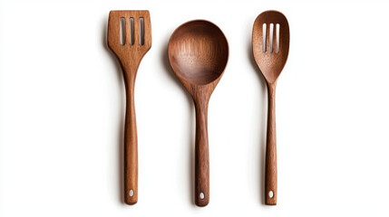 Wooden kitchen utensils including slotted spatula, round serving spoon, and slotted spoon, showcasing clean and natural design