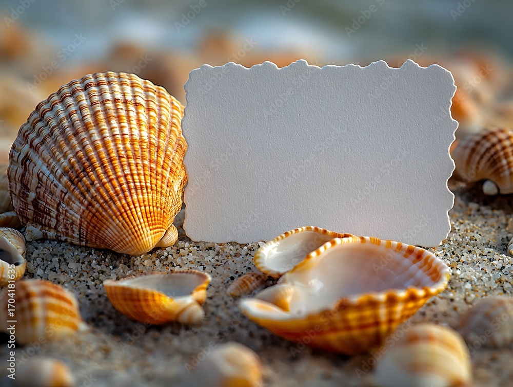 Poster a blank greeting card with a scalloped edge sits on a sandy beach surrounded by numerous detailed se