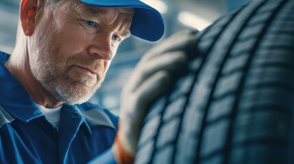 Mechanic Checking Tire Closeup (Man with Cap)