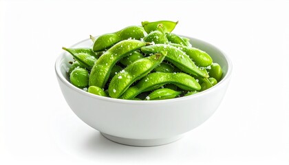 Salted Edamame in White Bowl Closeup Studio Shot.