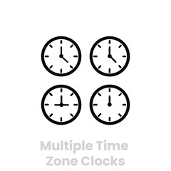 Multiple time zone clocks isolated on white background vector thin line icon illustration of different time zones, time management, and global communication concept