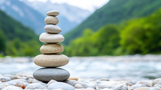 Balanced river stones and tranquil nature background - Powered by Adobe