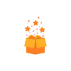 Bright orange gift box overflowing with golden coins and sparkling stars, symbolizing surprise and reward.