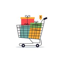 Shopping cart filled with colorful gift boxes, representing purchases and celebration.
