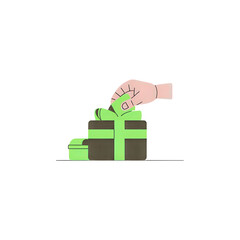 Hand opening a green gift box with a surprise inside, celebrating a special occasion