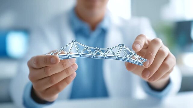 Engineering professor demonstrating structural analysis through augmented reality bridge models with students manipulating virtual stress patterns and load calculations using gest