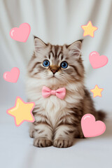 A fluffy kitten with blue eyes and a pink bow sits surrounded by cartoon hearts and stars. Concept of cuteness, innocence, and affection.