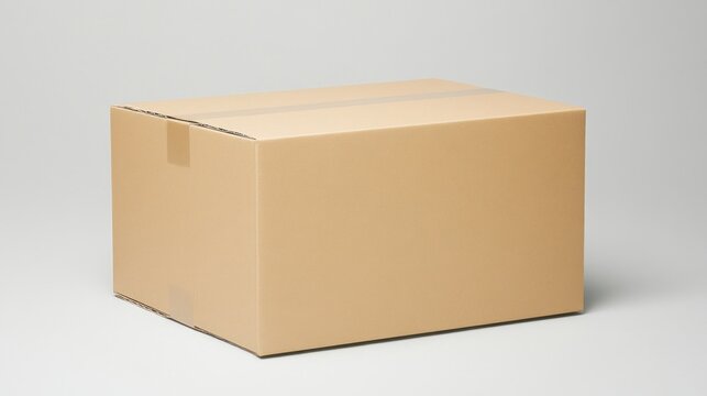 Single closed cardboard box on plain gray background