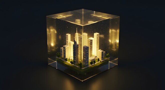 A cube of glowing glass revealing a miniature city, symbol of preservation. - Powered by Adobe