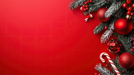 Red christmas ornaments and pine branches on red background